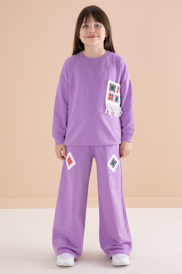 Lilac Lace Pocket Detailed Crew Neck Girls' Tracksuit Set 20146