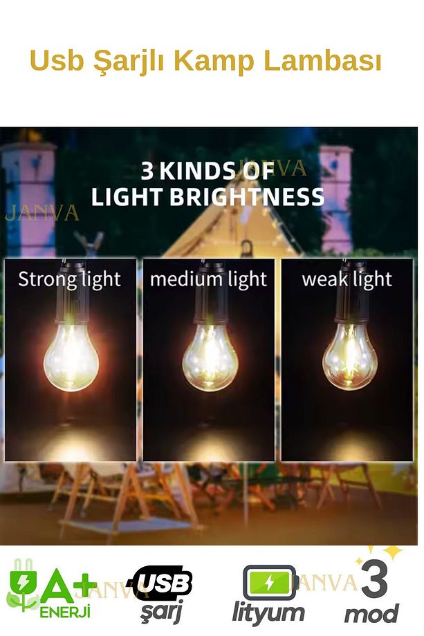 Rustik Taşınabilir Şarjlı Tasarruflu Ampul 10W Led Lamba Type-c Şarj Askılı Asma Aydınlatma - 6