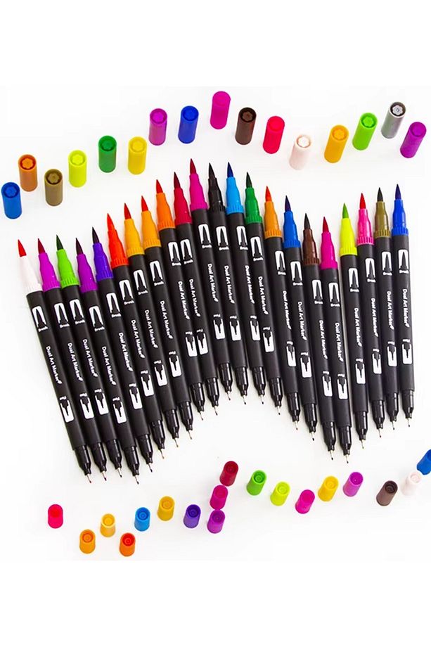 24 Renk Çift Uçlu Dual Tip Brush Pen Fırça Uçlu & Fineliner Sanat Kalemi - 7