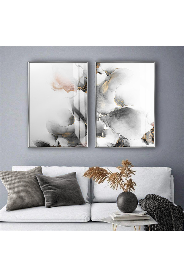 Hari̇kabi̇rev | Gold-Gray Abstract Combination Iii | Tempered Frame Glass Table 2 Pieces Vertical