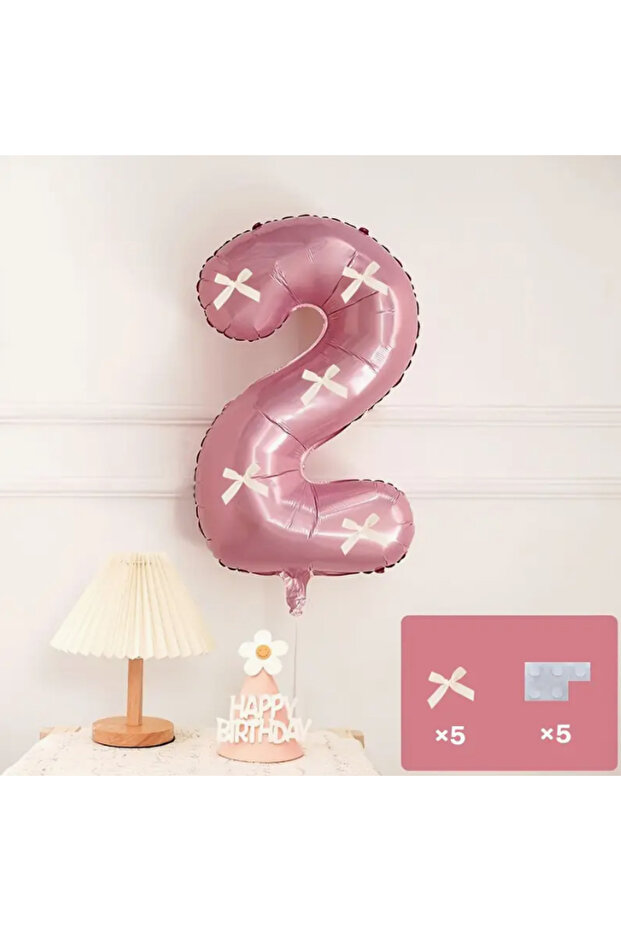 Pink Number Balloon with White Ribbon - Pink Number Balloon with White Bow, Age 2