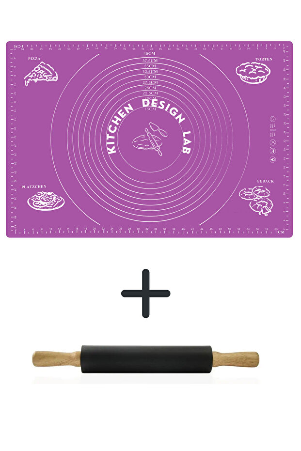 Set of 2 Purple 45x65 Cm Silicone Dough Rolling Mat and Anthracite Silicone Roller