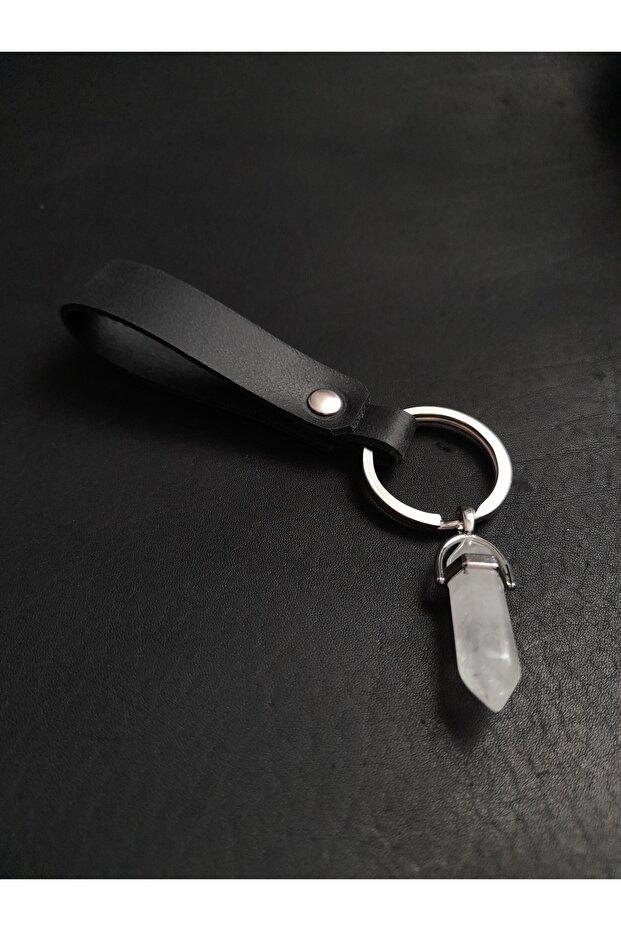 Black Genuine Leather Keychain with Quartz Natural Stone