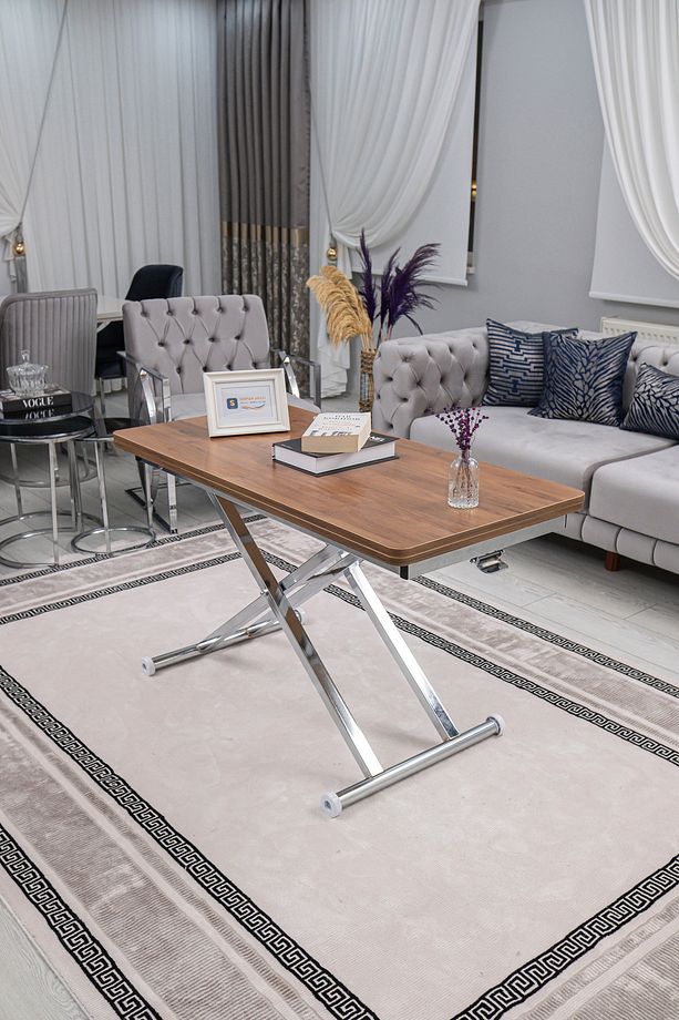 Akıllı Sehpa Home Üst Tabla Mdf Ceviz Oval Köşe Alt Mekanizma Krom Kaplama - 3