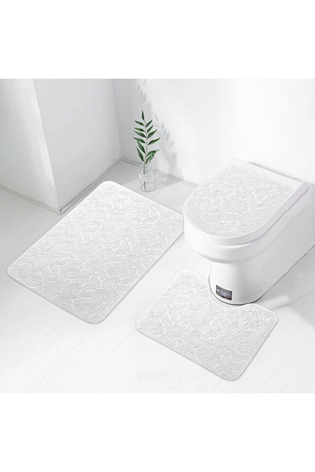 3-Piece Cream Ultrasoft Patterned Toilet Seat Set Bathroom Carpet Mat Set