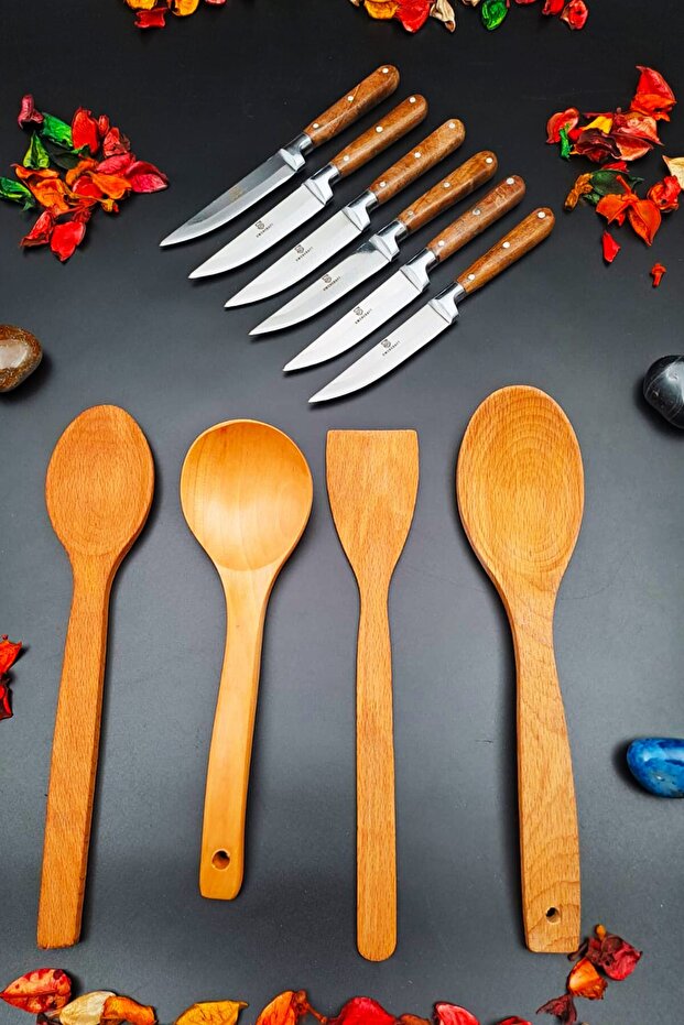 10 Pieces Set 6 Pieces Steak Kitchen Fruit Vegetable Knife and 4 Pieces Natural Wood Serving Scoop Spoon Set