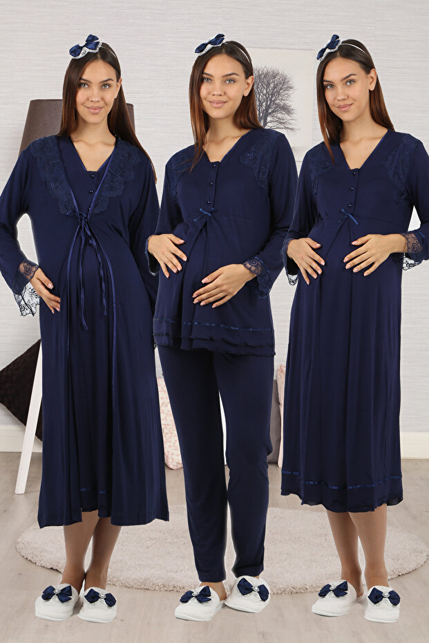 Navy Blue Lace Detailed 4-Piece Maternity Set
