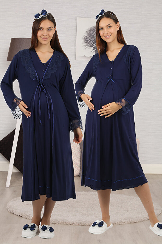Navy Blue Lace Maternity Nightgown Set with Dressing Gown Effortt