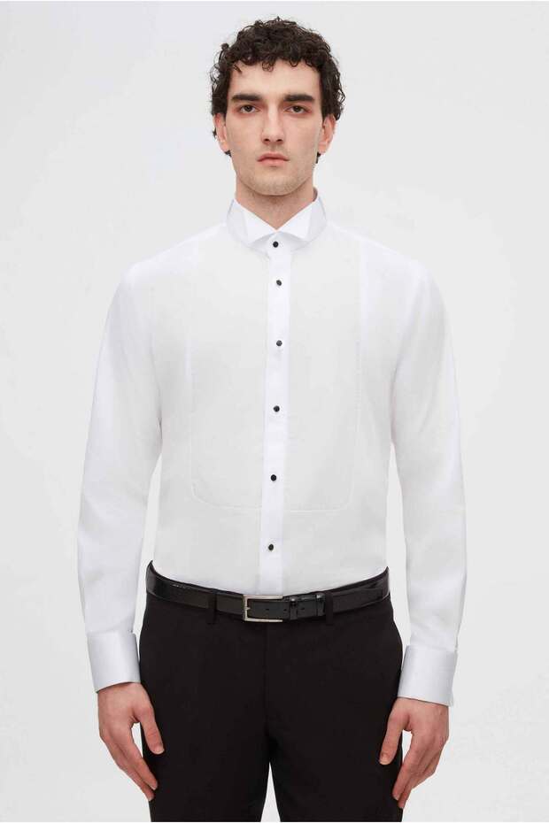 Ds Groom Slim Fit White Plain Cotton Satin Double Cuff Ankle Collar Tuxedo Shirt