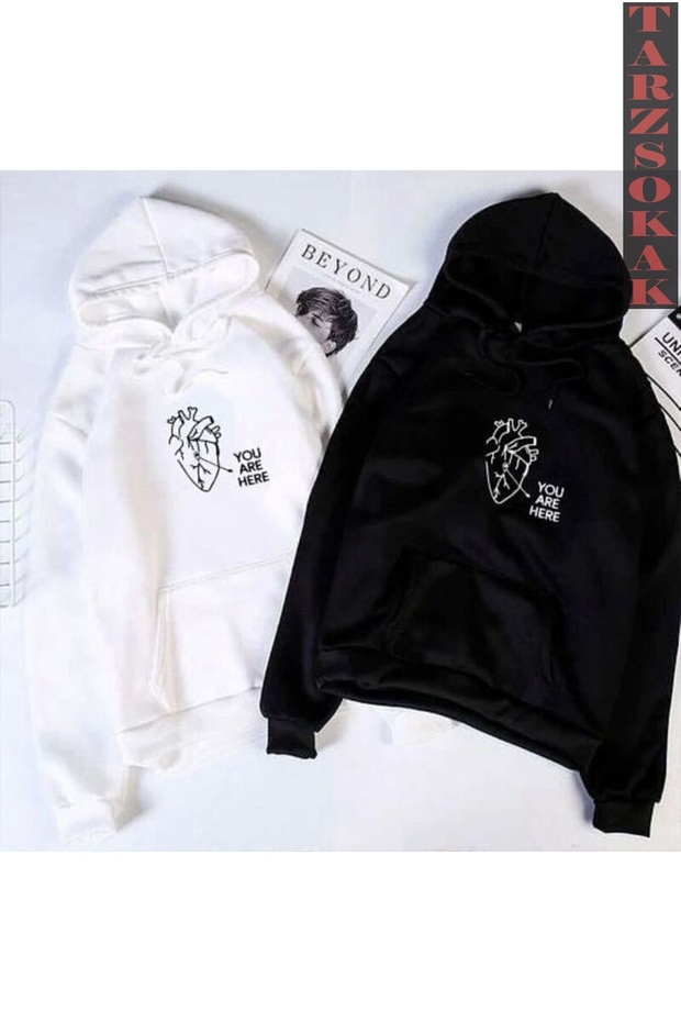 Black And White You Are Here Printed Hooded Lover Couple Combination 2-Piece