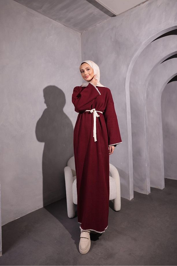 Etek kol örme detaylı bordo triko elbise - 2
