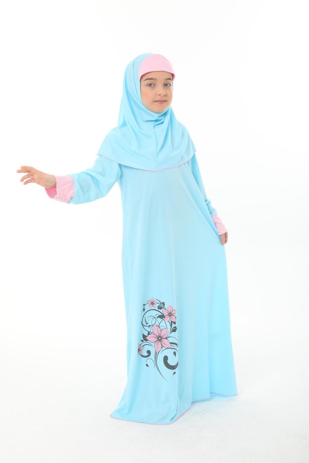 Girl's Prayer Dress Floral Print Sleeve Cuffed