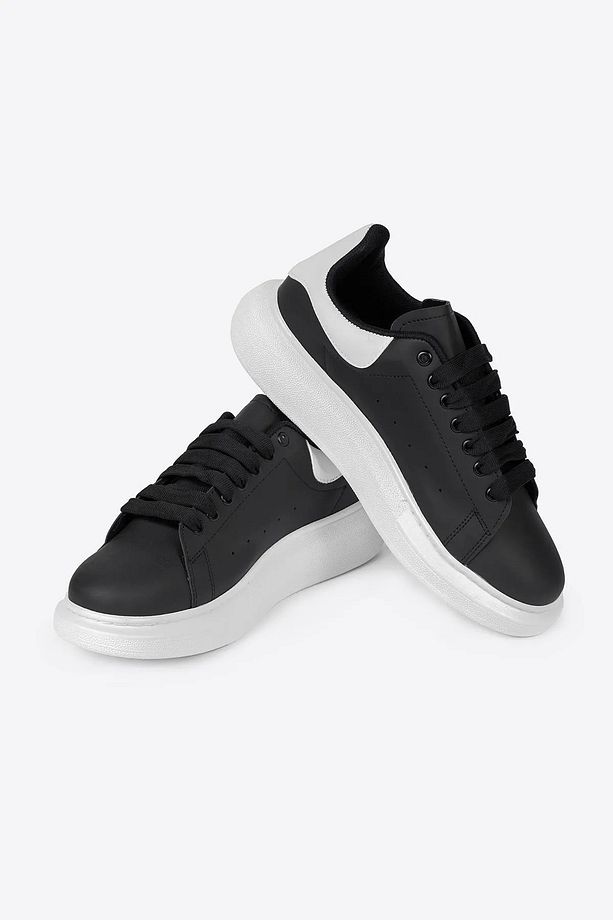 Siyah Deri Bağcıklı Yüksek Tabanlı Erkek Sneaker - 3