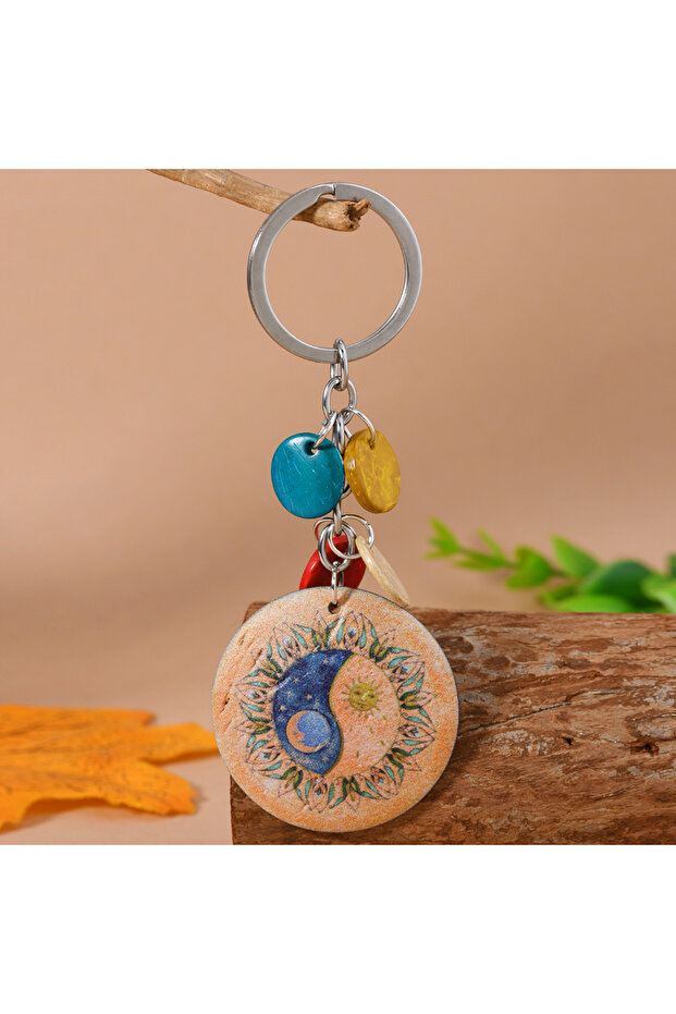 Ethnic Authentic Moon Sun Pattern Natural Coco Nut Keychain Made of Coconut Shell