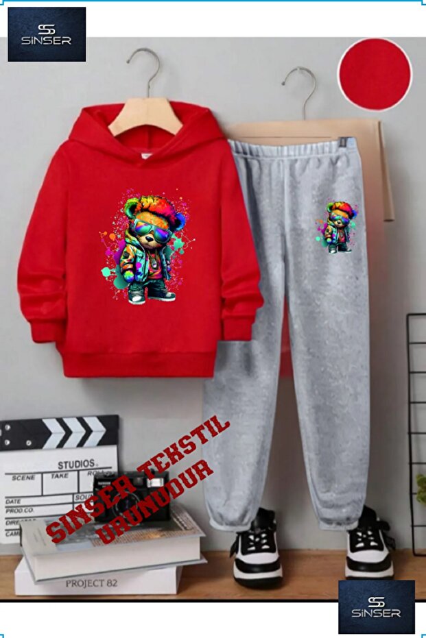 Hooded Children's Printed Tracksuit Set “Bear Byli Gozlkl”