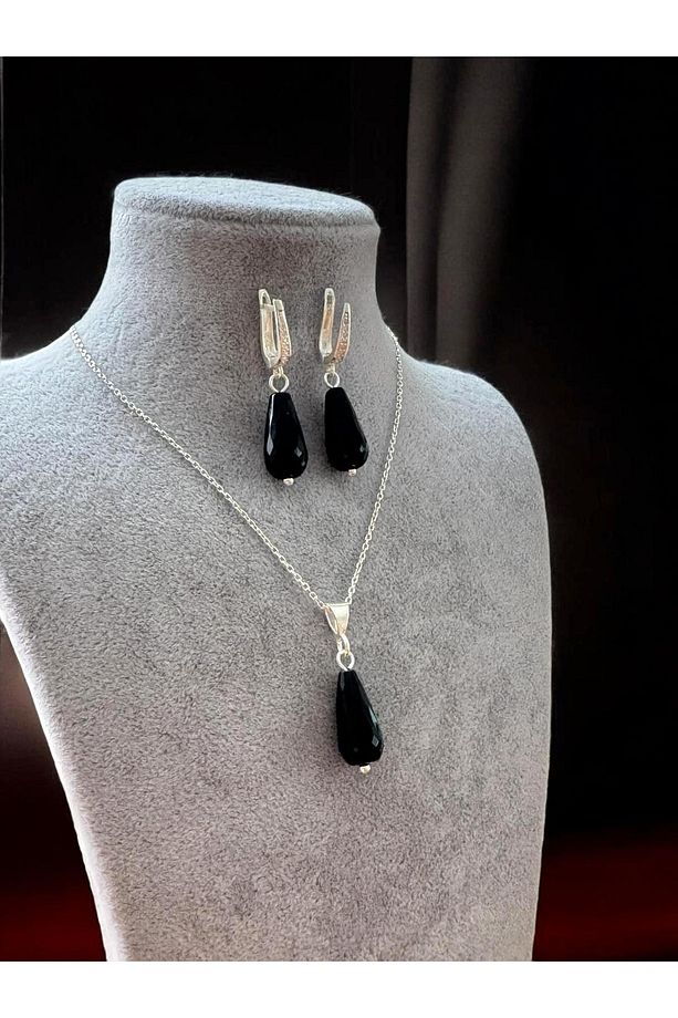 925 Ayar Gümüş Oniks Doğaltaş Kolye-küpe Set - 1