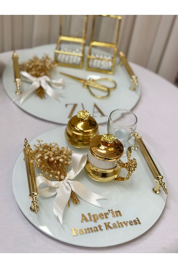İsimli Gold Cam Söz Nişan Tepsi Seti Damat Kahve Fincan Tepsisi - 3