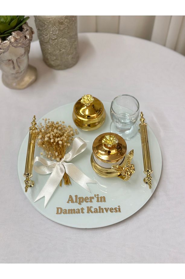 İsimli Gold Cam Söz Nişan Tepsi Seti Damat Kahve Fincan Tepsisi - 8