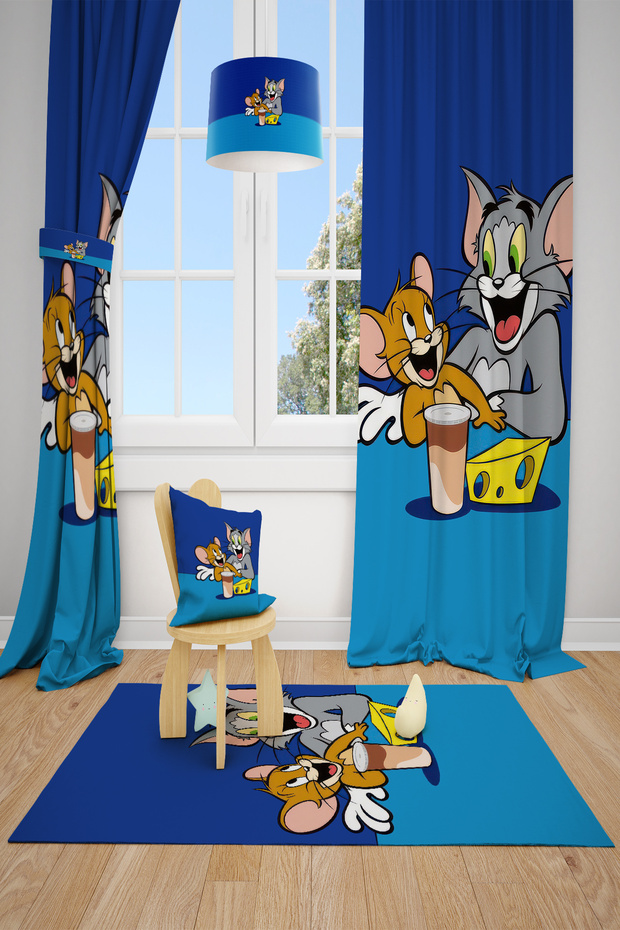 Tom and Jerry Patterned Children's Room Background Curtain 2 Wings Tla-319