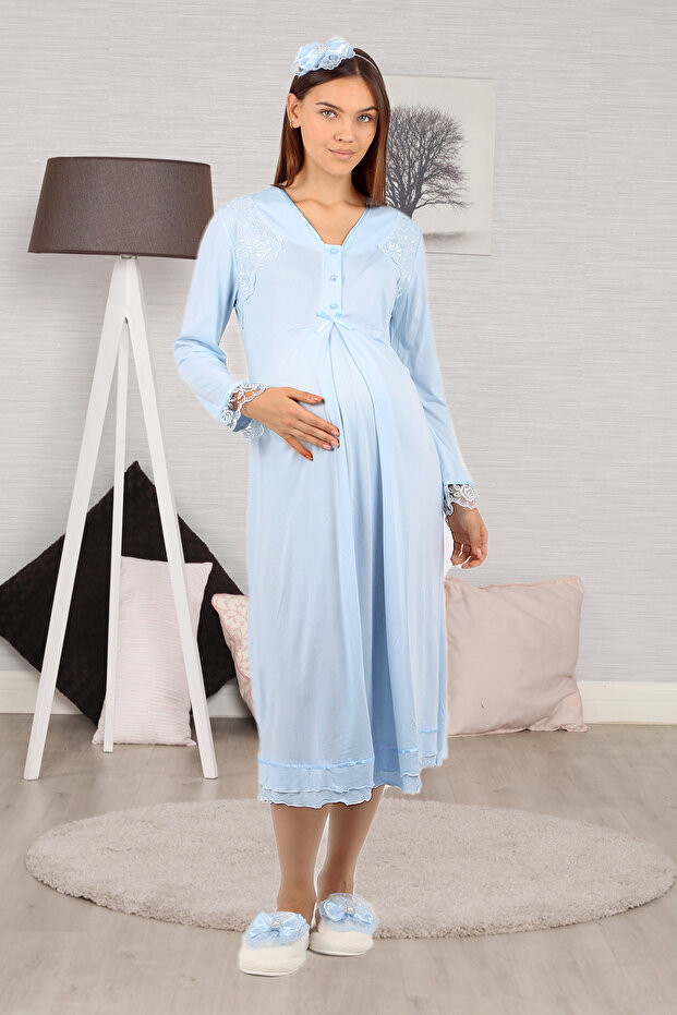 Blue Lace Maternity Nightgown Set with Dress Effortt