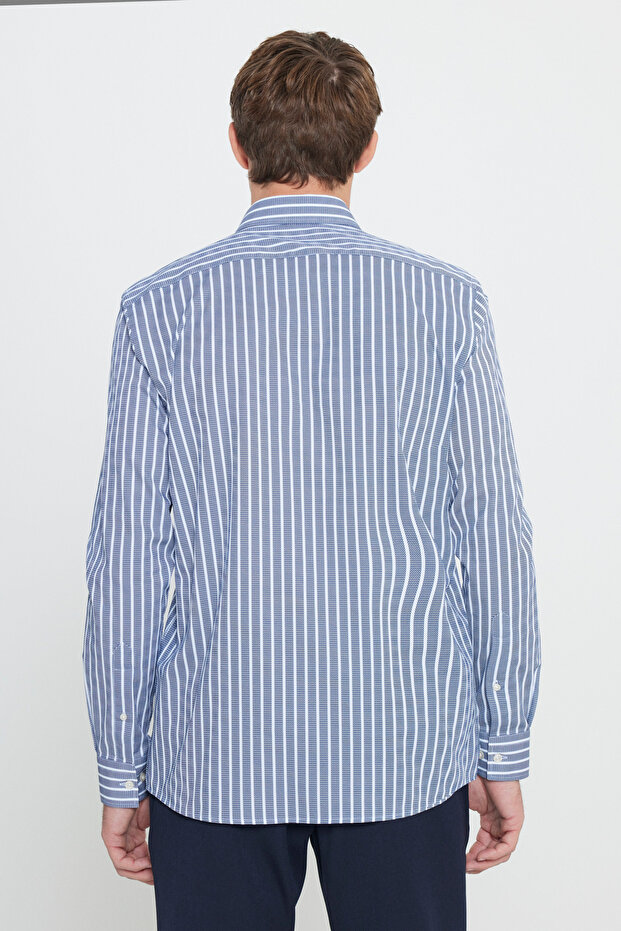 Erkek Beyaz-Lacivert %100 Pamuk Slim Fit Dar Kesim Küçük İtalyan Yaka Çizgili Gömlek - 6
