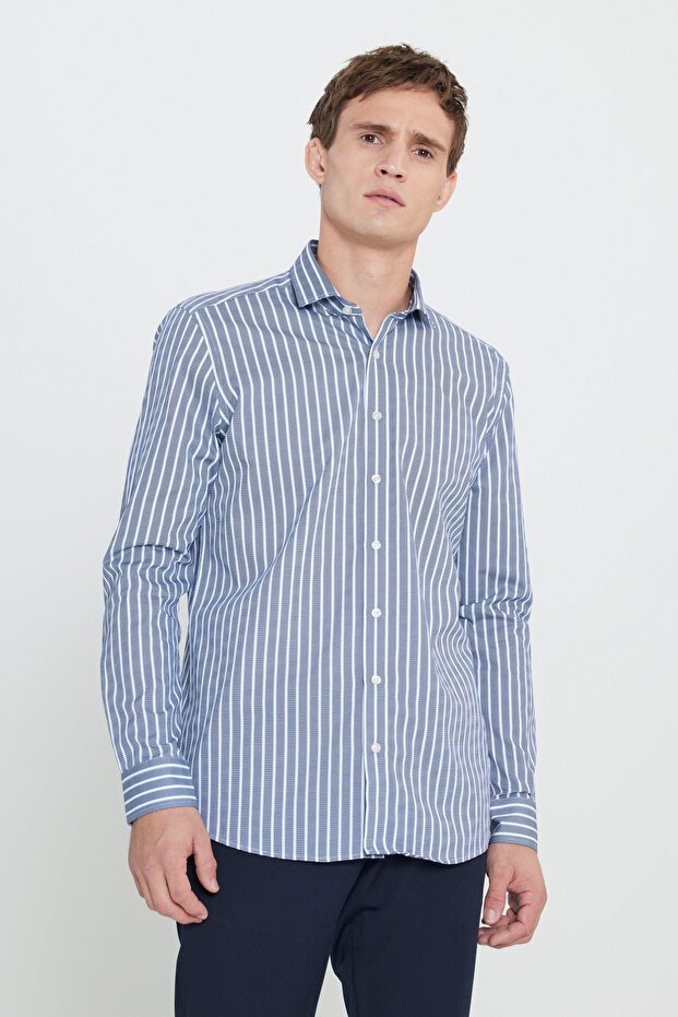 Erkek Beyaz-Lacivert %100 Pamuk Slim Fit Dar Kesim Küçük İtalyan Yaka Çizgili Gömlek - 3