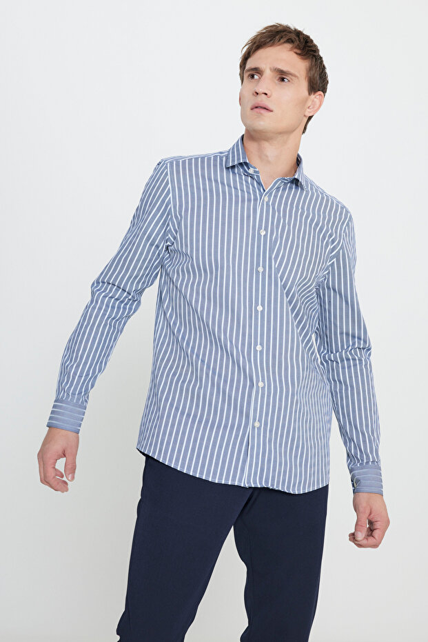 Erkek Beyaz-Lacivert %100 Pamuk Slim Fit Dar Kesim Küçük İtalyan Yaka Çizgili Gömlek - 4