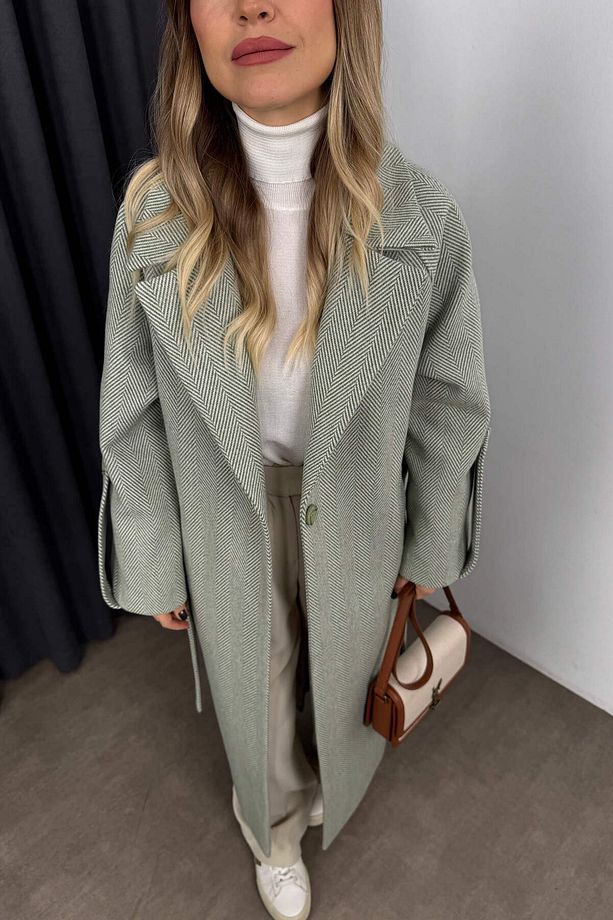 Mint Beyaz Balıksırtı Model Kuşaklı Astarlı Oversize Yün Kaban - 3