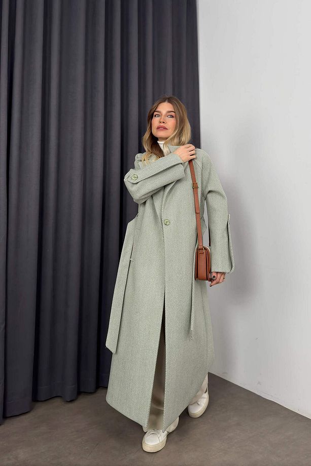 Mint Beyaz Balıksırtı Model Kuşaklı Astarlı Oversize Yün Kaban - 5