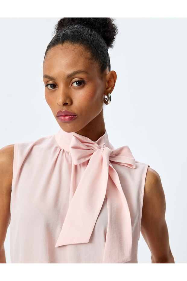Tie-Front, Detailed Stand-Up Collar, Sleeveless Satin Blouse