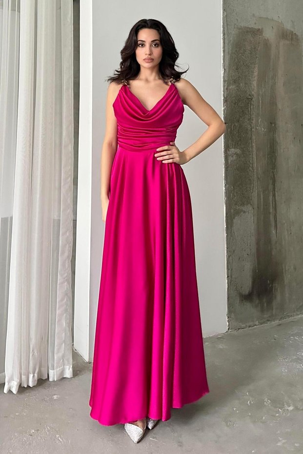 Fuchsia Chain Strap Chest Draped Evening Dress