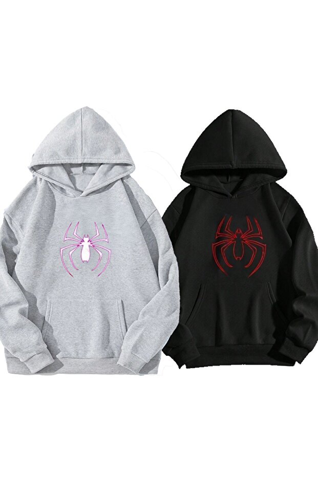 Gray Black Unisex Spider Printed 3 Thread Cotton Oversize Lover Couple Combination Hooded Hoodie