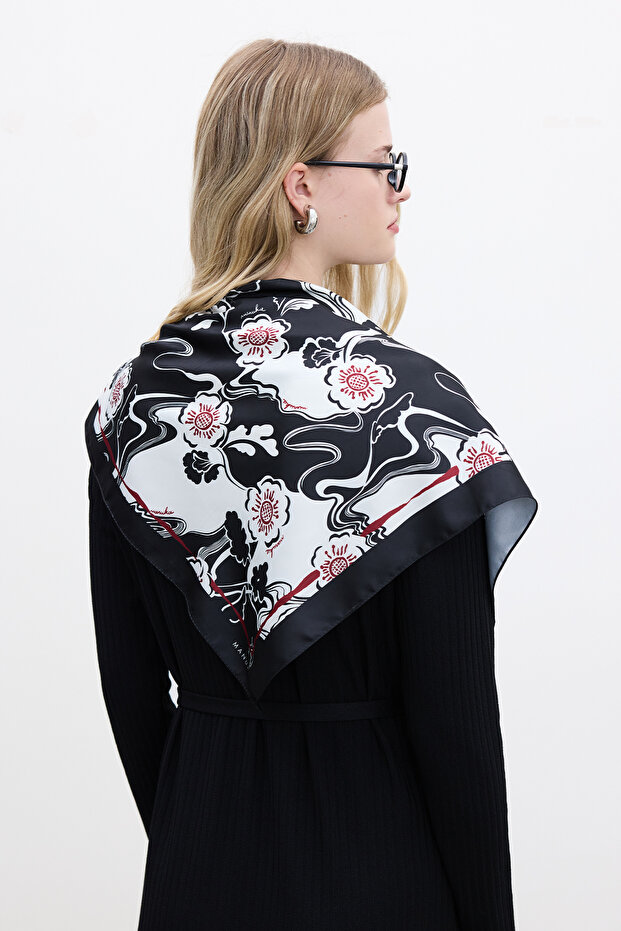 Sakura Patterned Satin Neck Scarf - Czarny - 1