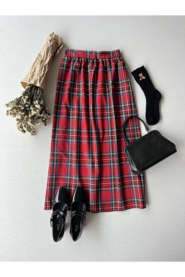 Red Plaid Long Waist Gathered Skirt