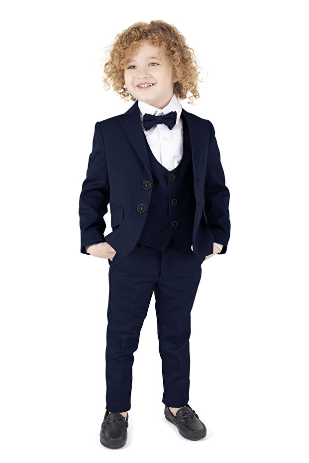 Boy's Jacketed Tuxedo Suit Jacket, Pants, Waistcoat, Shirt and Bow Tie