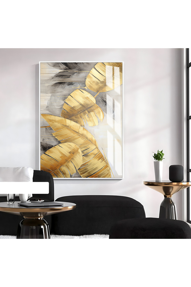 Hari̇kabi̇rev | Gray-Gold Leaf Patterned Model 1 | Framed Tempered Glass Table Single Vertical