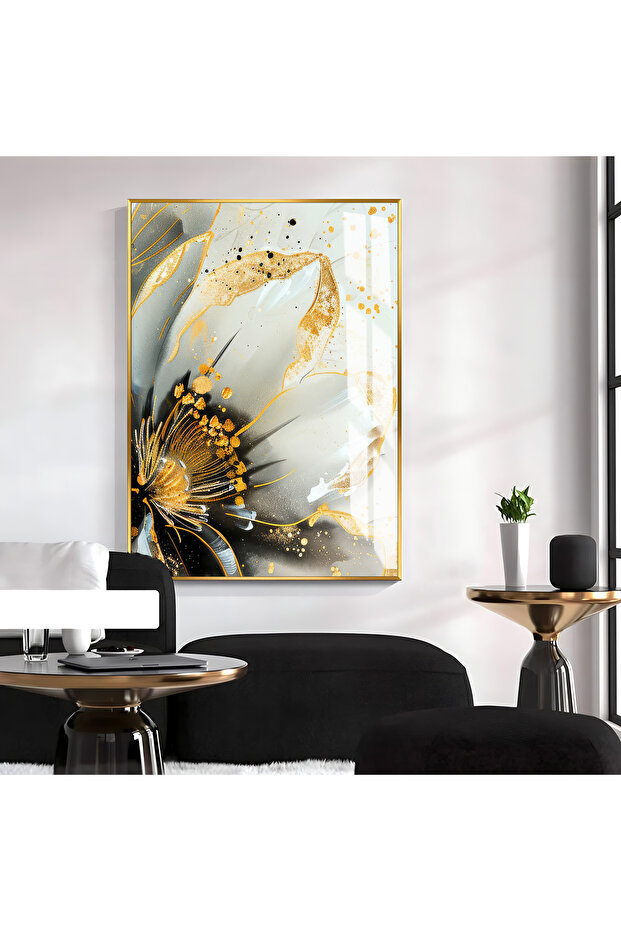 Hari̇kabi̇rev | Gold-White Flower Patterned Model 2 | Framed Tempered Glass Table Single Vertical