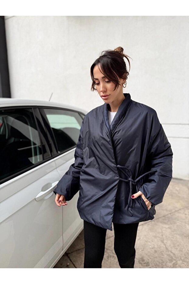 Women's Double Breasted Kimono Tie down Navy Blue Jacket