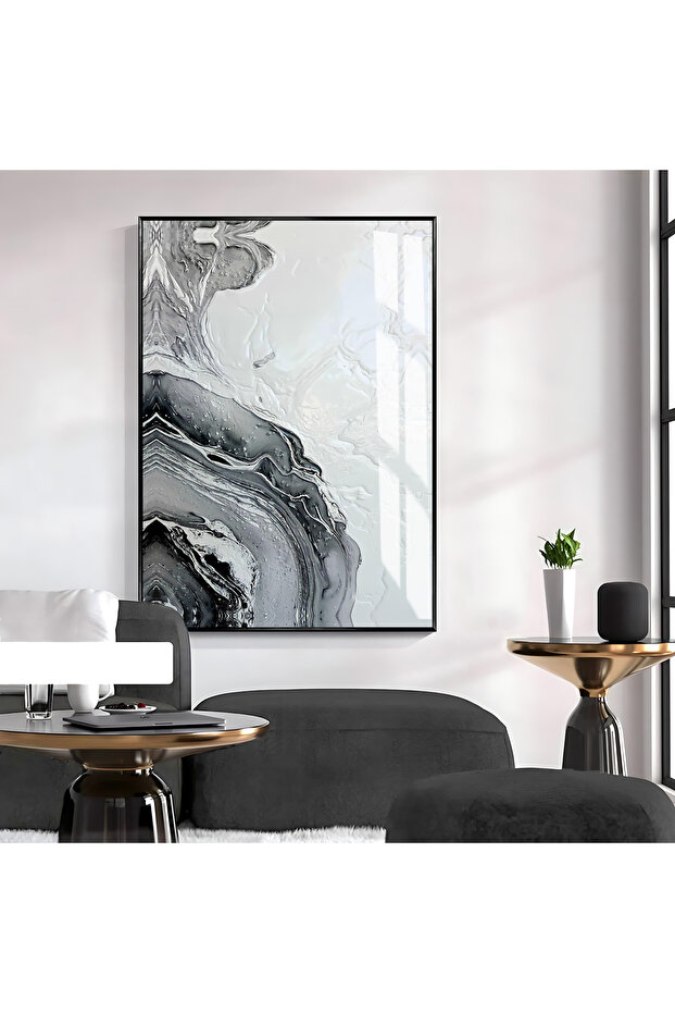 Hari̇kabi̇rev | Abstract Black-White Loved Wave Pattern Model 1 | Framed Tempered Glass Table Single Vertical