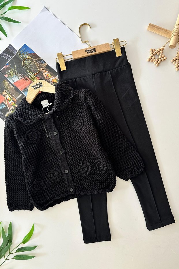 My Mini's Flowers Knitted Knitwear Floral Detailed Tights Set - Black