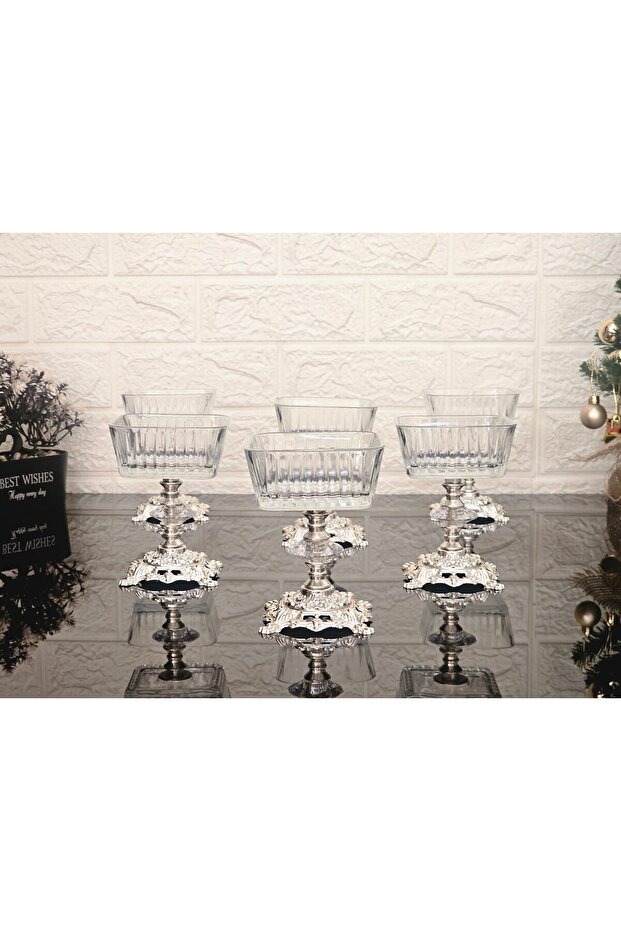 6-Piece Frezya Square Bowl Silver Casting with Stands Ice Cream Bowl & Sugar Bowl & Serving Dish & Cookie Bowl