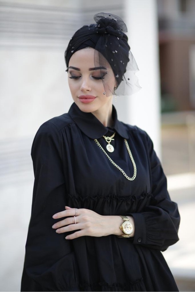 İncili Tül Bone - Siyah - 6