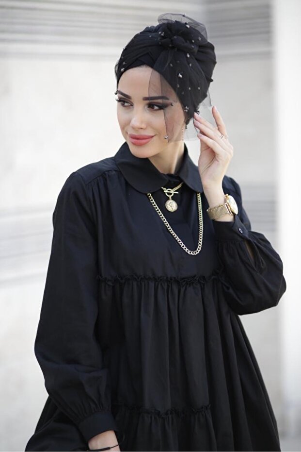 İncili Tül Bone - Siyah - 4