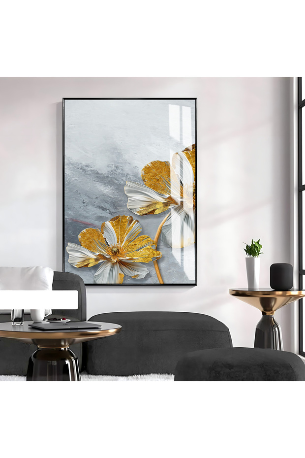 Hari̇kabi̇rev | Gray-Gold Flowers Model Iii | Framed Tempered Glass Table Single Vertical