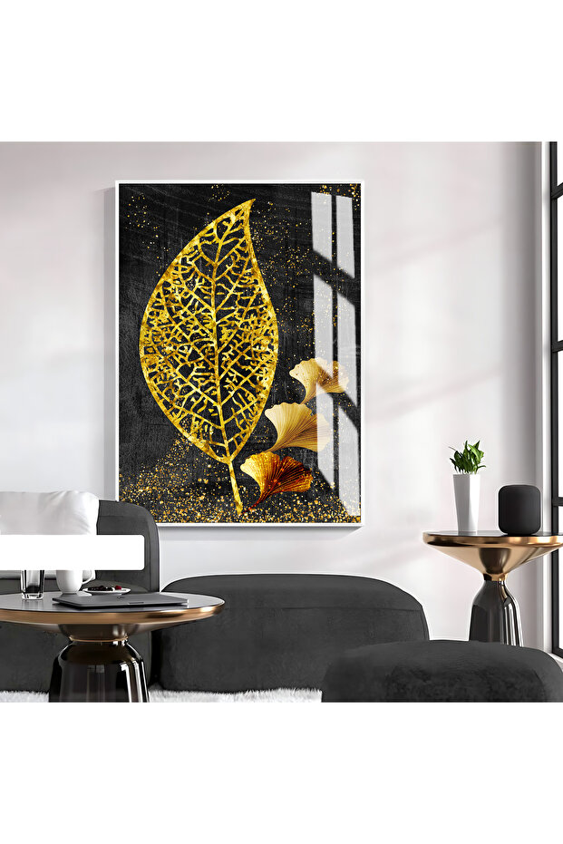 Hari̇kabi̇rev | Gold-Black Leaf Patterned Model 02 | Framed Tempered Glass Table Single Vertical
