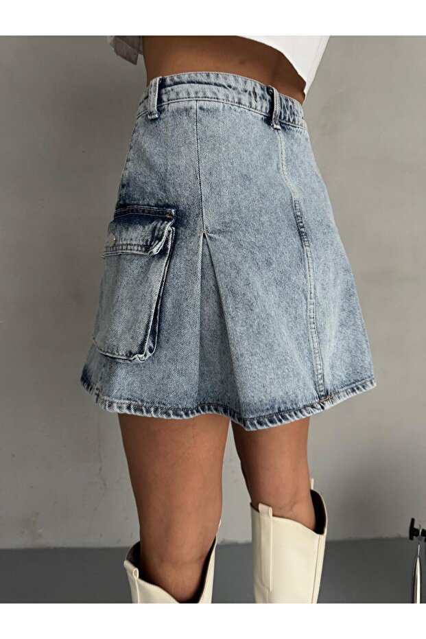 KARGO CEPLİ PİLELİ MİNİ DENIM ETEK - 5