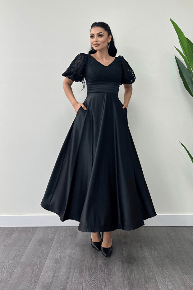 Midi Dress with Lace Top and Satin Bottom Details - BLACK