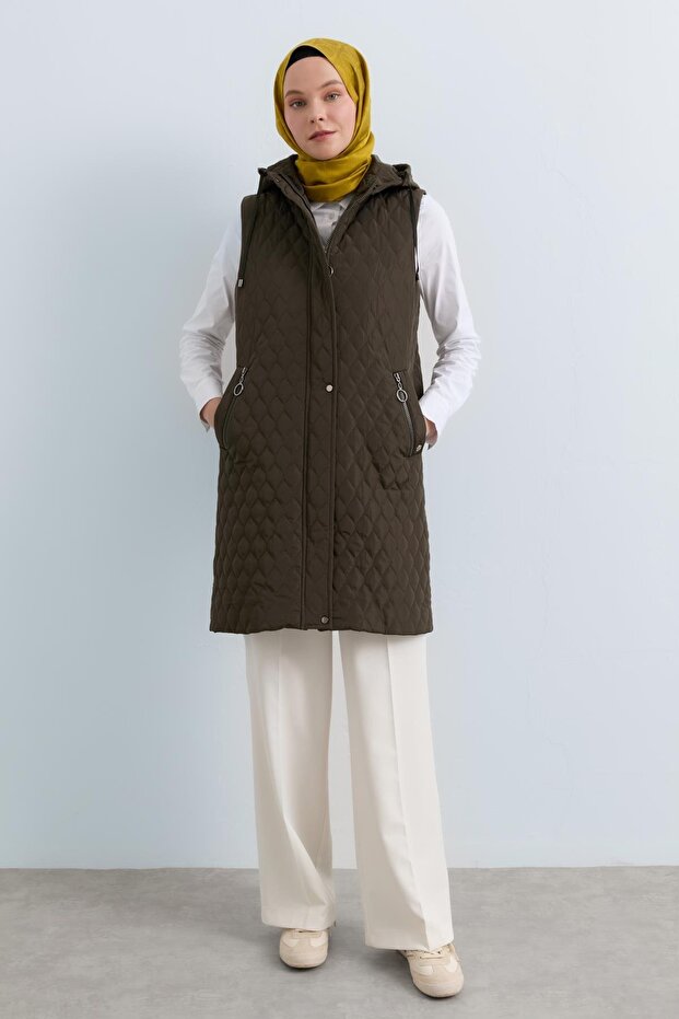 Cep Detaylı Kapitone Yelek Haki - 3