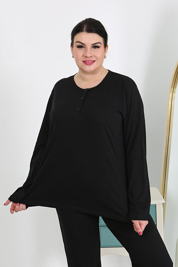 Women's Large Size Long Sleeve Combed Cotton Pajama Set Black 202501