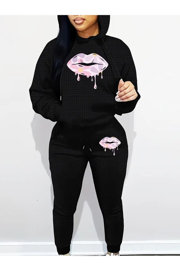Women's Lips Printed Hooded Tracksuit Set